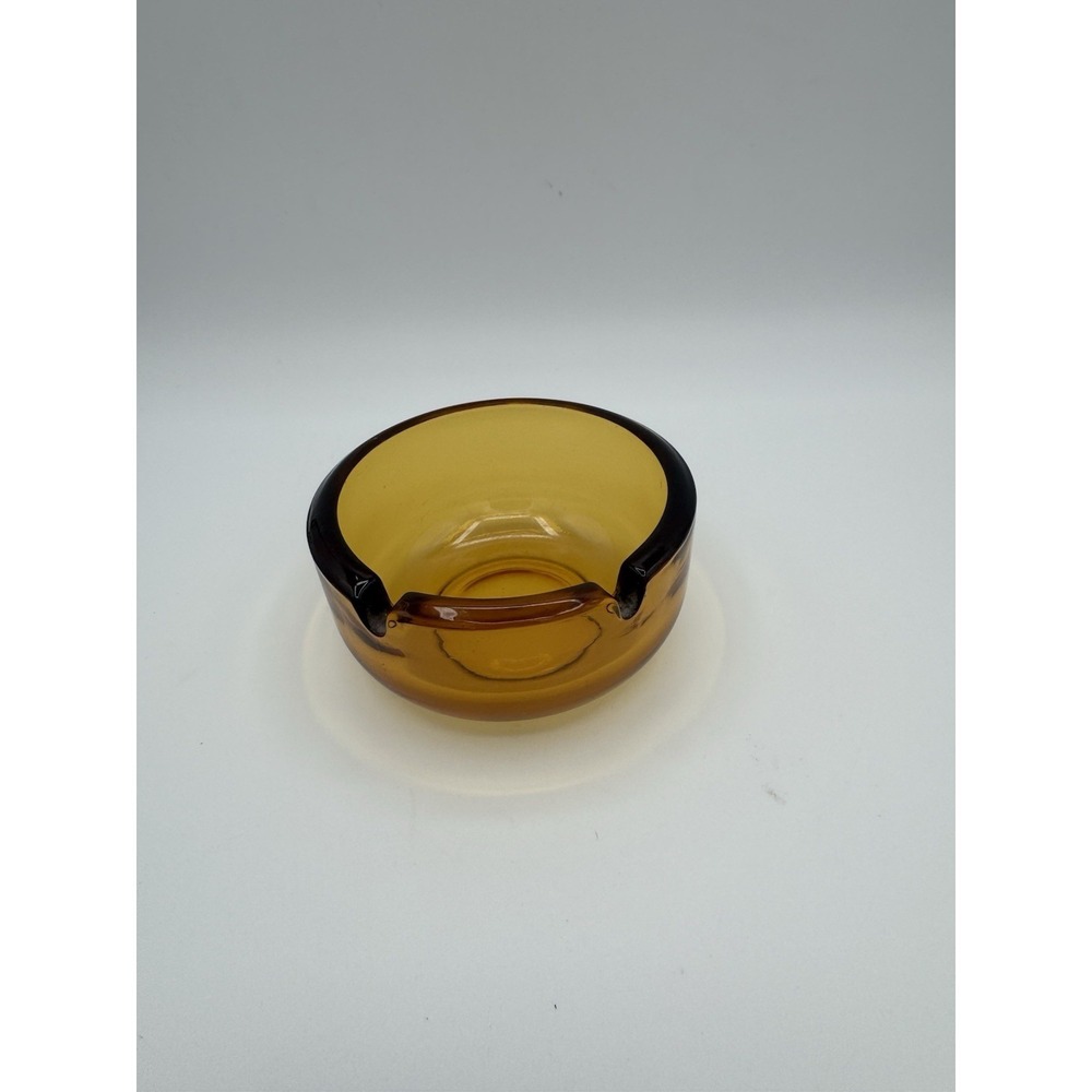 Vintage Mid Century Modern Round Amber  Glass Ashtray 2 Slot - 3.75" x 1.50"